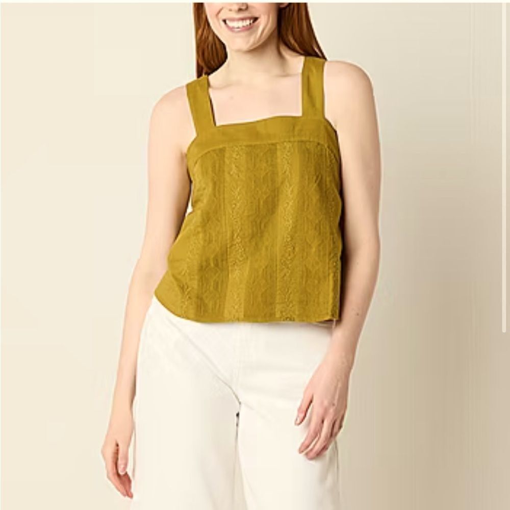 NWT a.n.a Square Neck Sleeveless Embroidered Cotton Top Olive Green Sz L